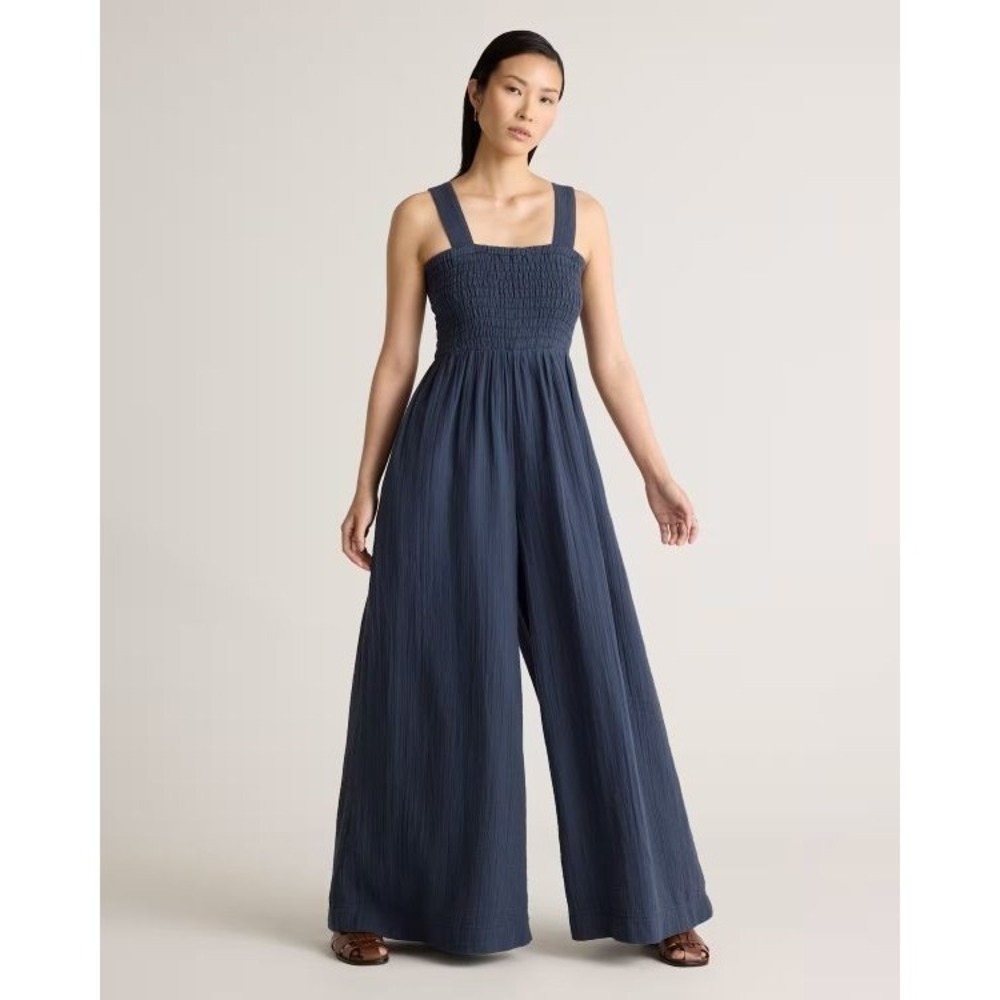 Quince 100% Organic Cotton Gauze Smocked Wide Leg Jumpsuit Sz M Pocket READ FLAW